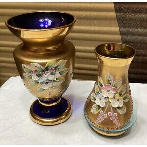 2 Venetian Murano Glass Cobalt Blue Vases Painted Enamel Flowers Gold Overlay